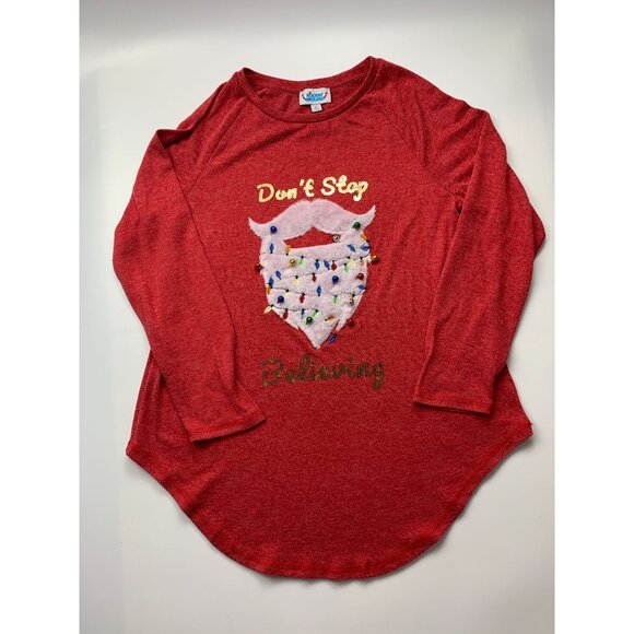 Rockin Around Women's L Red Don't Stop Believing Fuzzy Santa Tunic Style Top - Picture 1 of 3